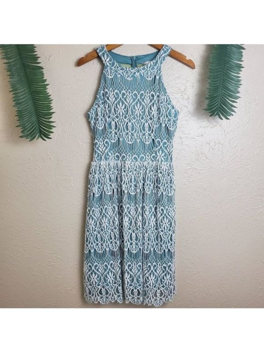 Altar'd State Seafoam Green Lace Overlay Halter Fit & Flare Dress XS